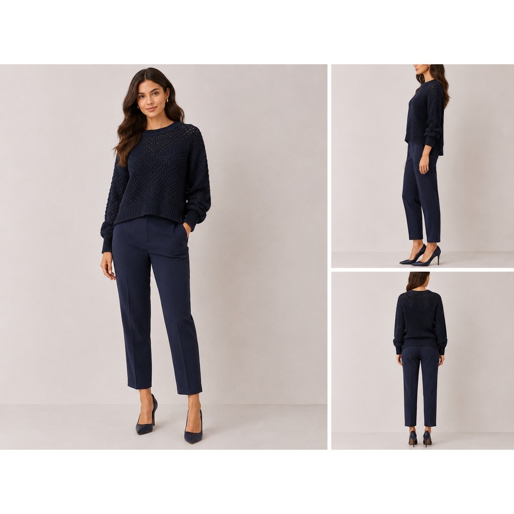 Madewell 100% Cotton French Quarter Pullover Sweater M Navy Waffle Knit Crewneck